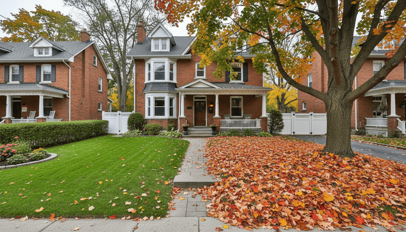Ottawa home with one side of yard clean and the other covered in autumn leaves.