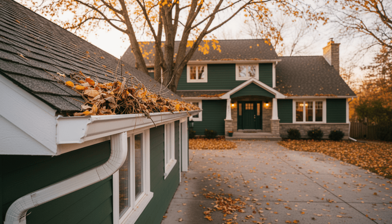 Ottawa home with full gutters and autumn leaves needing seasonal cleanup