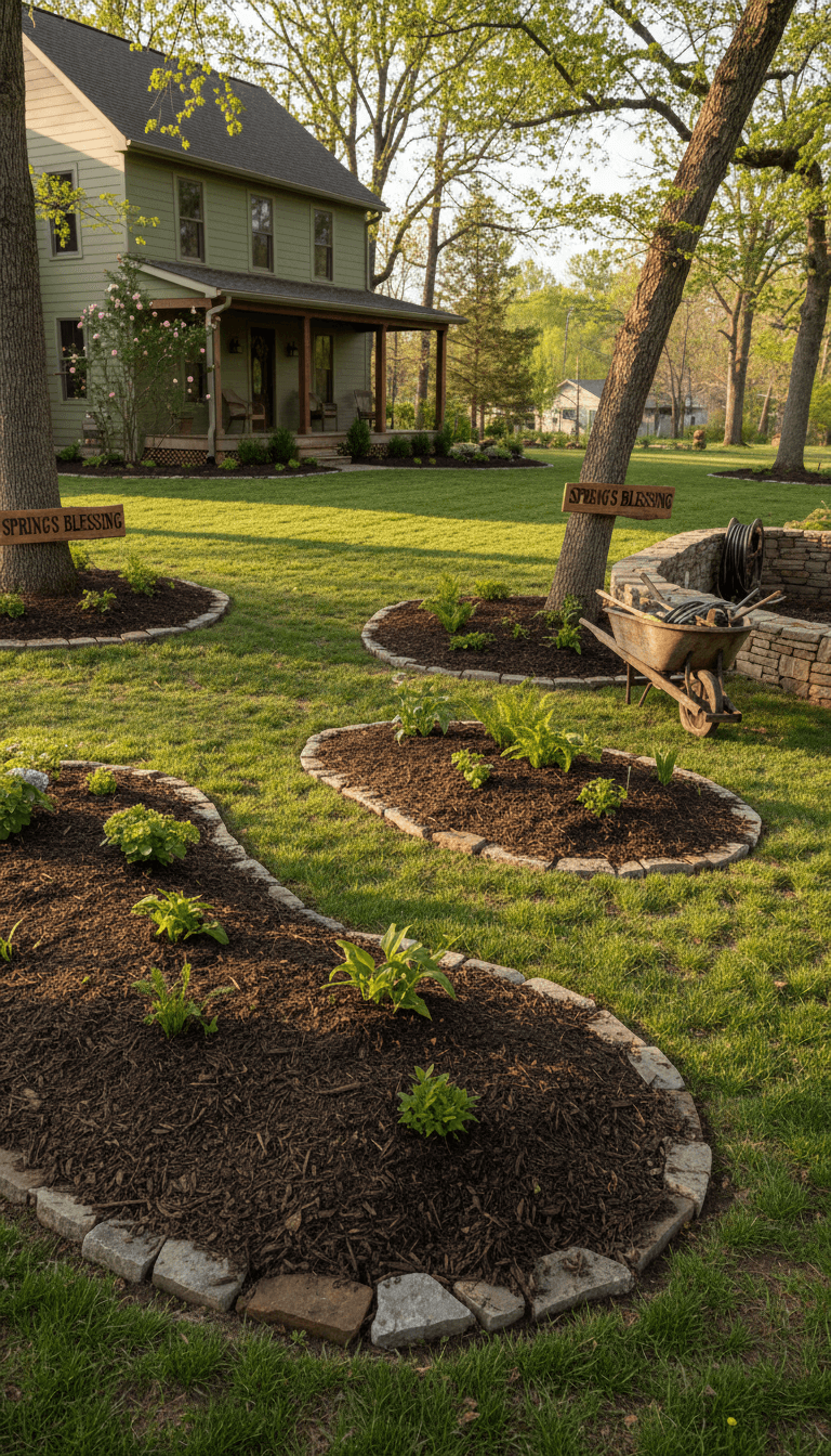 Residential yard after spring cleanup and landscaping work