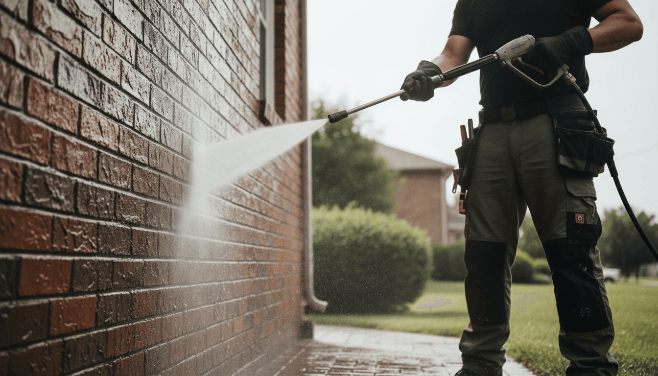 Professional exterior home cleaner working on residential gutters in Ottawa