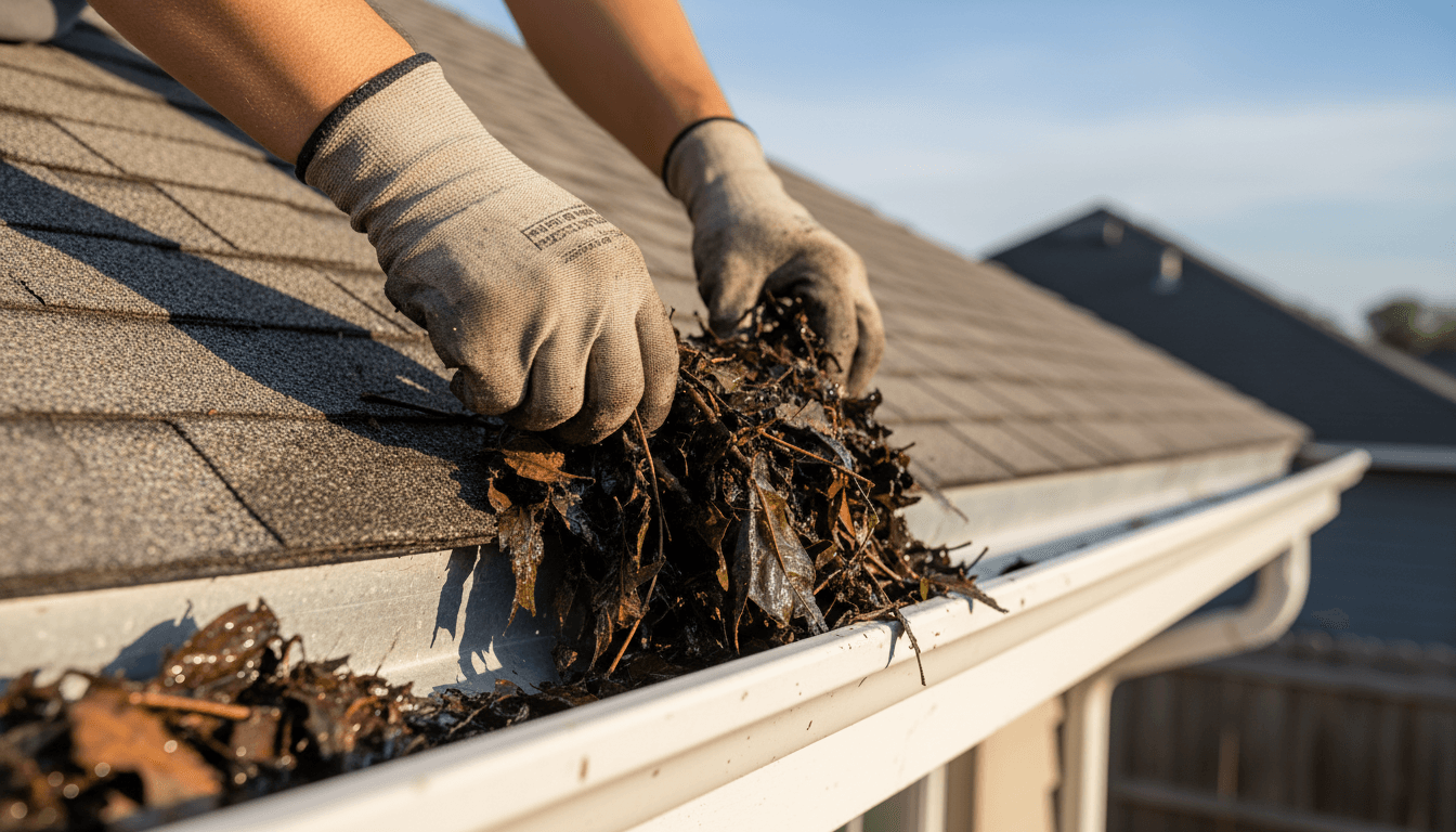 Person cleaning a residential gutter on an Ottawa home