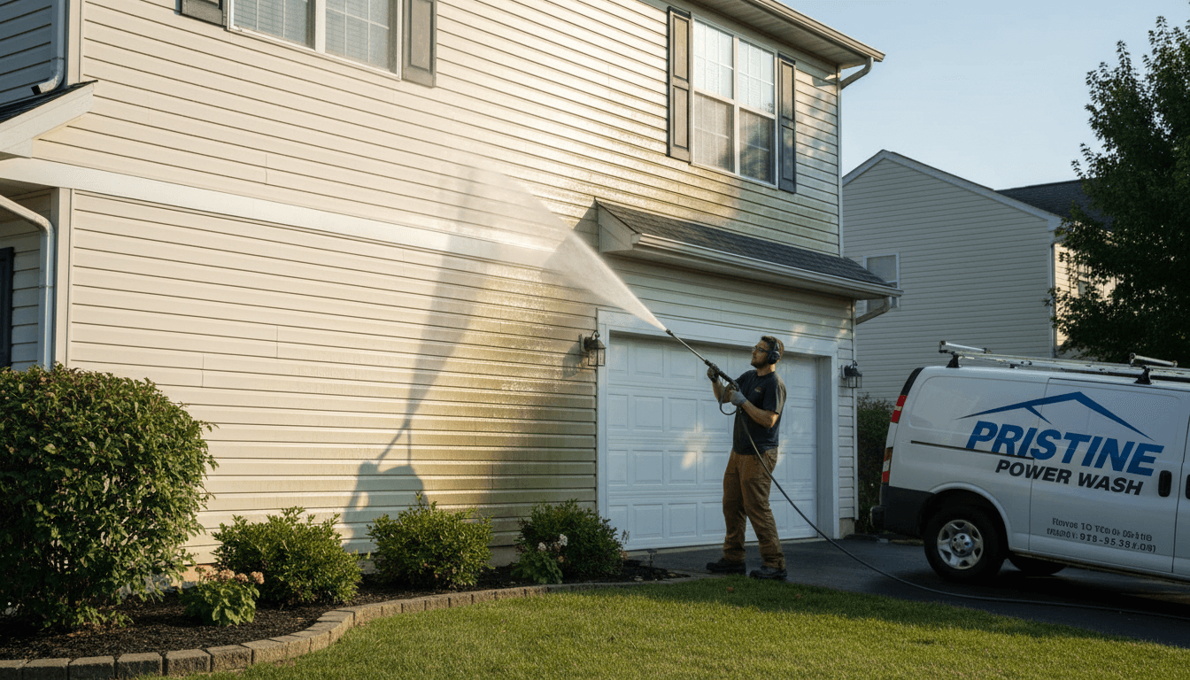 Professional exterior cleaning technician pressure washing a residential home gutter in Ottawa