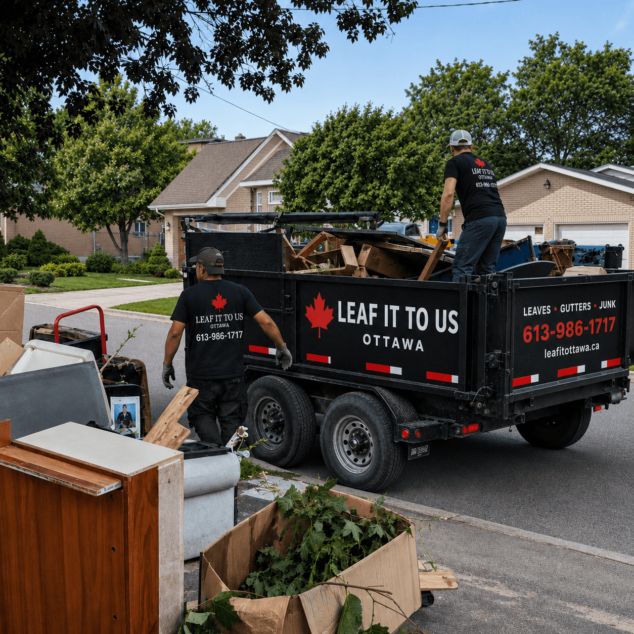 Workers loading discarded furniture and debris into a black Leaf It To Us Ottawa trailer.