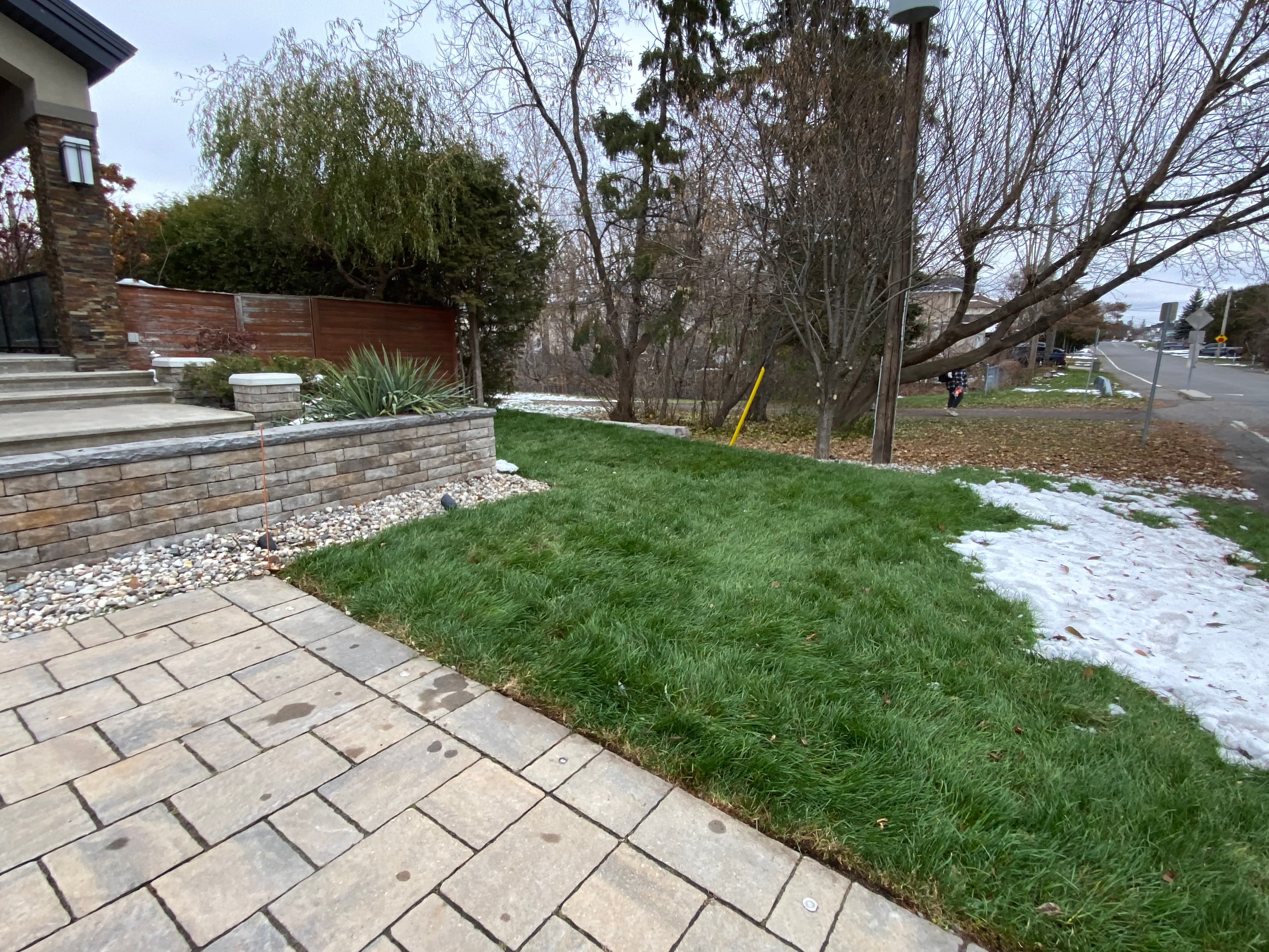 Stone walkway bordering a green lawn with patches of melting snow and bare trees.