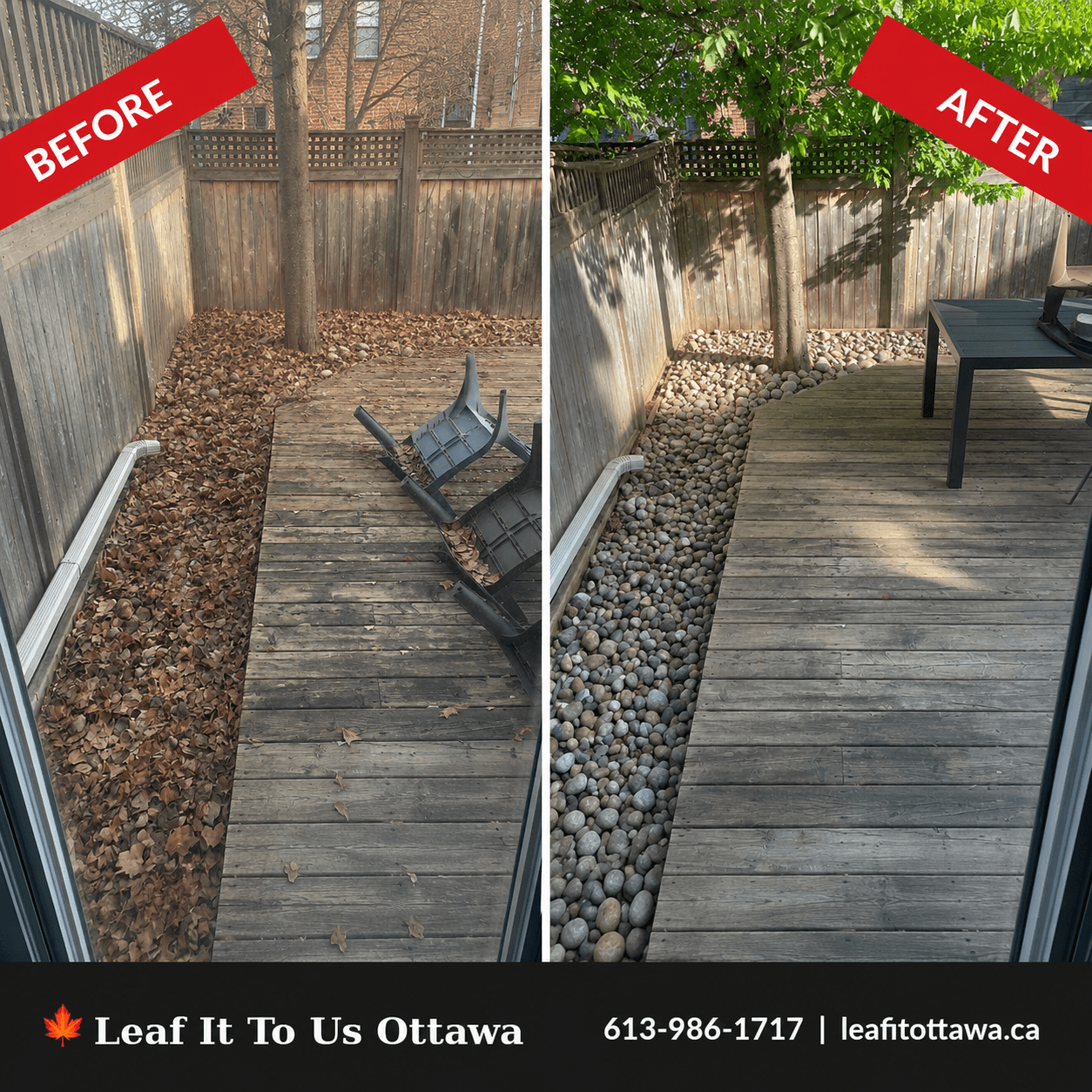 Before and after comparison of a deck cleanup, replacing dry leaves with river stones.